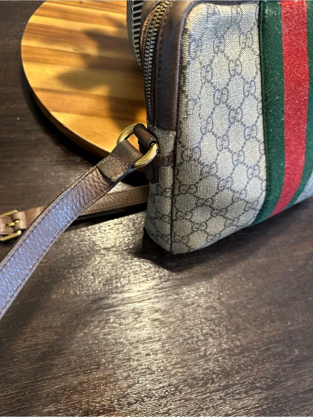 Gucci Beige GG Supreme Messenger Bag with Green-Red Web Stripe